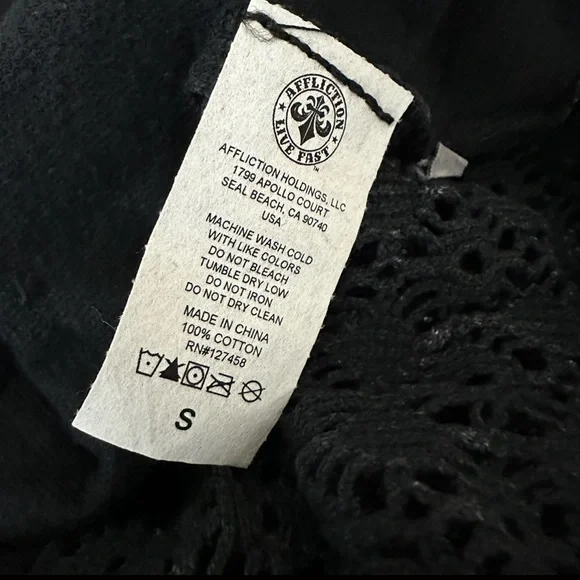 NWOT Affliction Black Mineral Washed Jeweled Graphic Crochet Cotton Top Size S - Picture 8 of 9